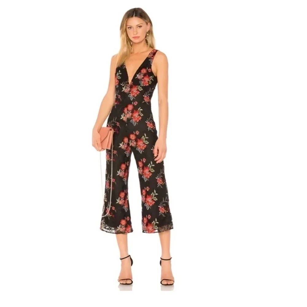 Lovers + Friends Black Floral Embroidered‎ Lace Jumpsuit Wide Leg V-Neck Small
